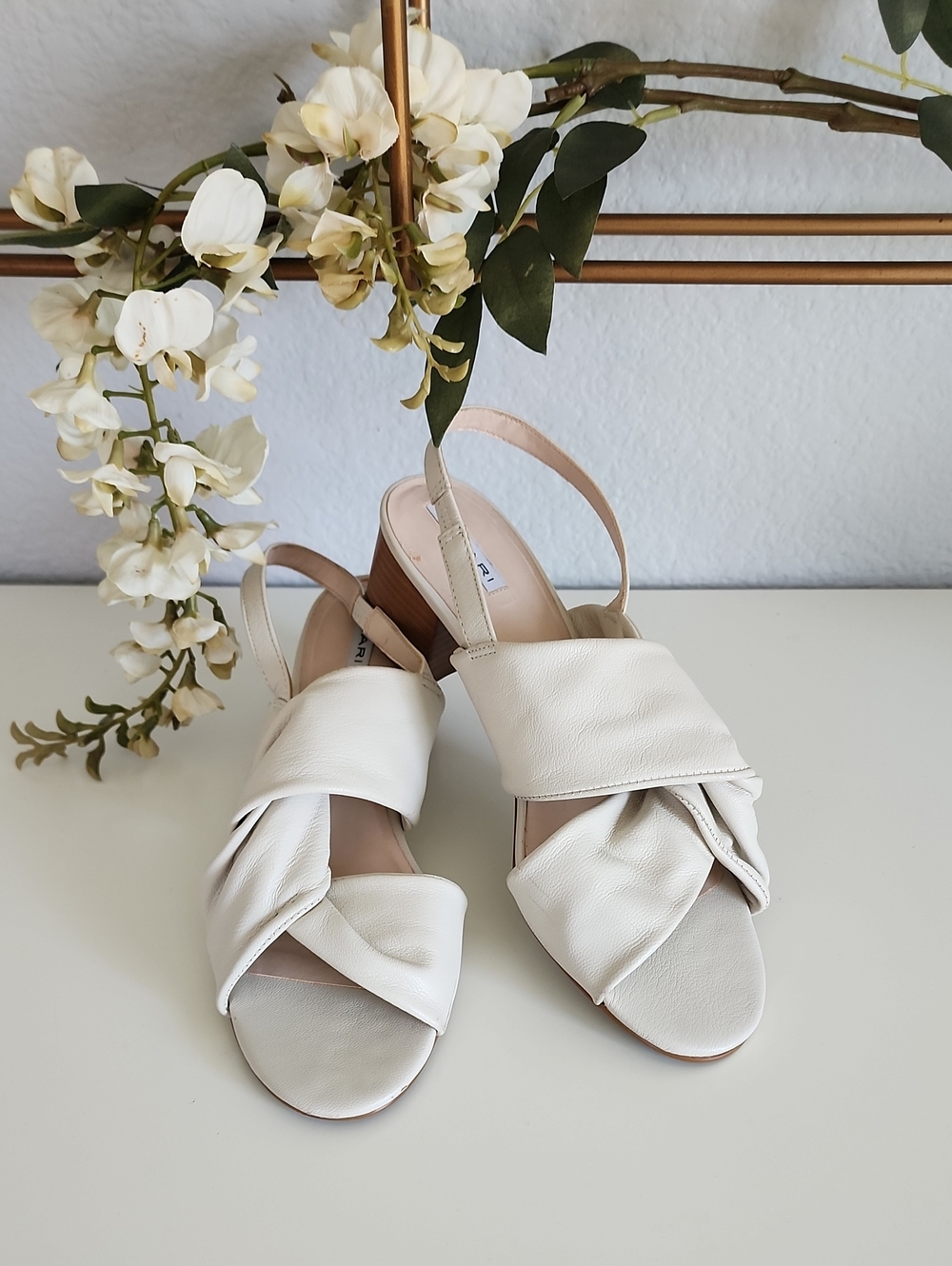 Tahari Leather Cream Knot-Front Slingback Sandals